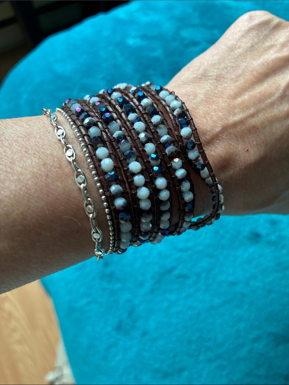 Victoria Emerson blue and white beaded wrap bracelet with silver button